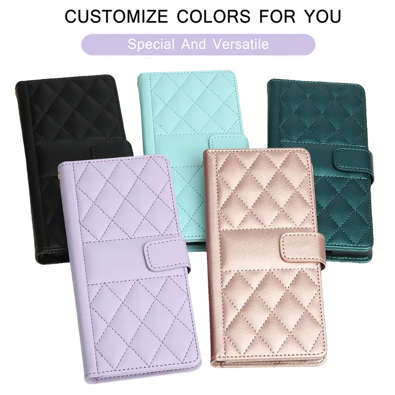 Checkered Leather Flip Wallet Phone Case with Card Slot and Stand
