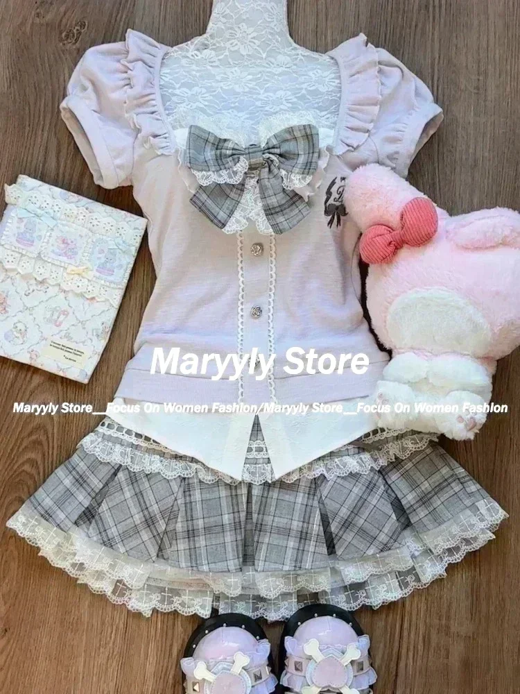Japanese Sweet Preppy Style Skirt Set Women Kawaii Lace Patchwork Bow Tops + Y2k Plaid Mini Skirt Elegant Outifits 2 Piece Set 2
