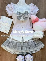 Japanese Sweet Preppy Style Skirt Set Women Kawaii Lace Patchwork Bow Tops + Y2k Plaid Mini Skirt Elegant Outifits 2 Piece Set 2