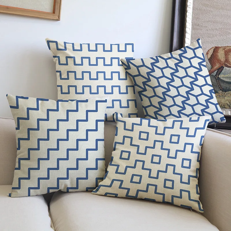 

Blue Geometric Strips Plaids Pattern Cushion Cover Concise Geometry Waves Line Cotton Linen Car Sofa Throw Pillows Case cojines