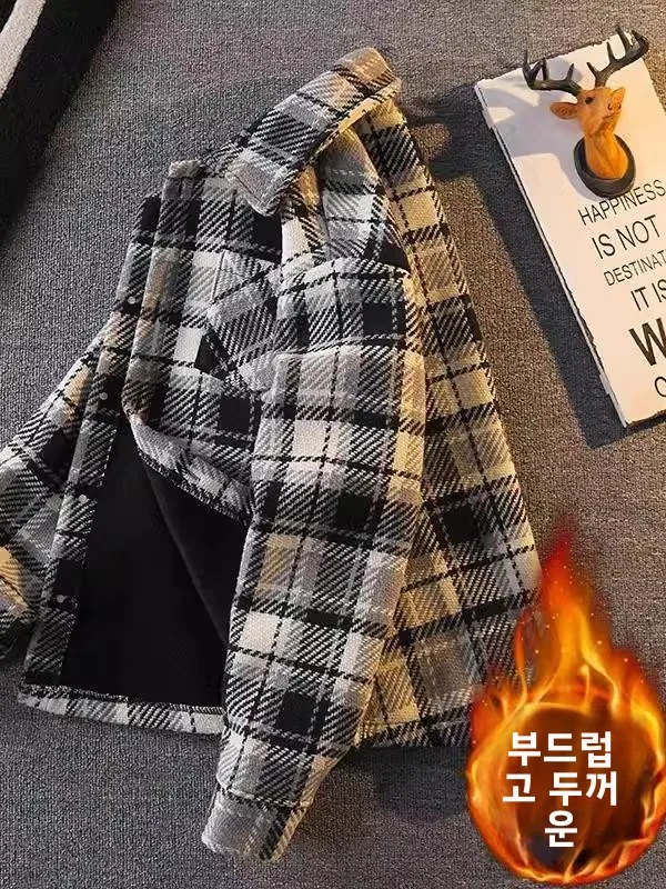 남성용 겨울 플리스 안감 모직 체크 셔츠 재킷 긴팔 보온 아우터웨어 패셔너블 ..