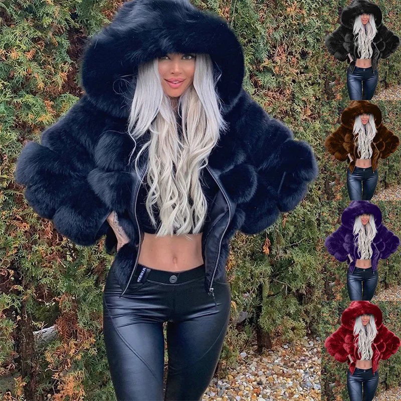 

2023 Autumn Winter Women Fashion Long Sleeve Solid Color Faux Fur Coat Hooded Warm Coat