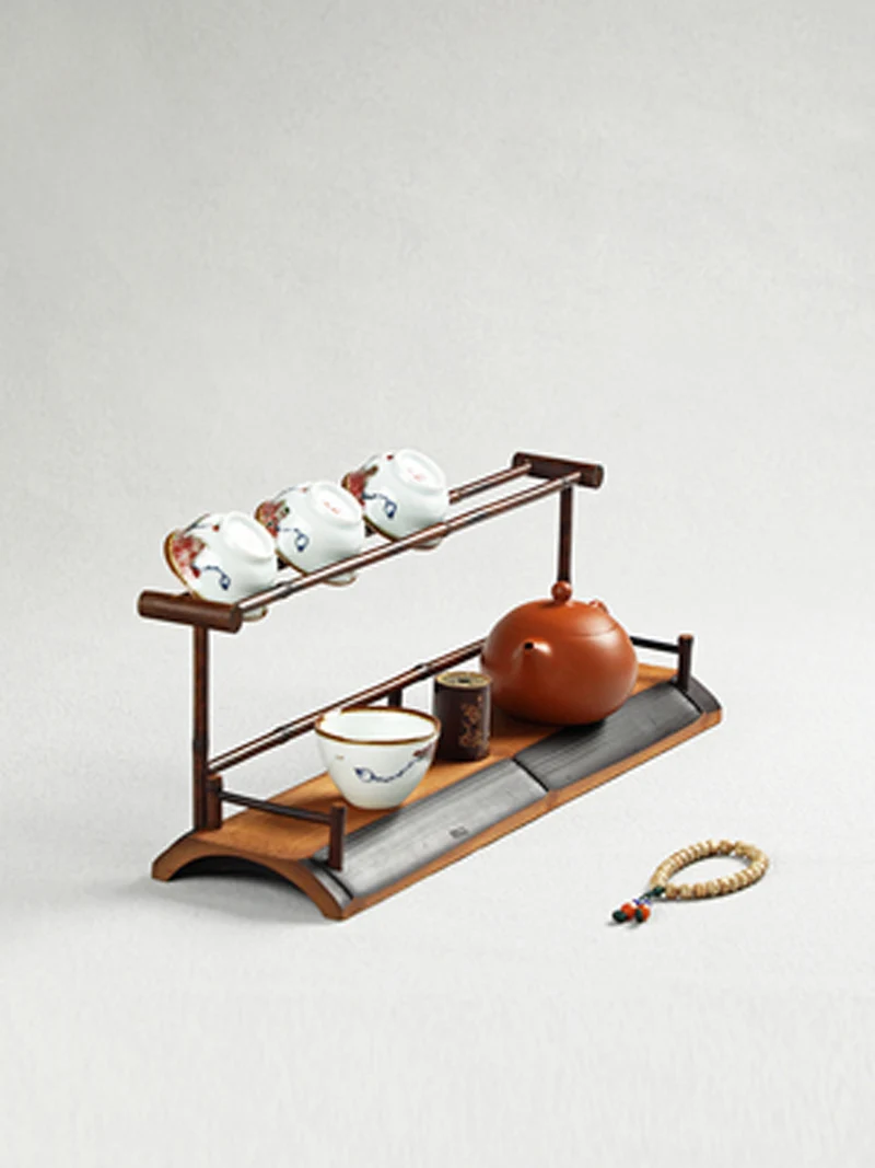 Hand made bamboo teacup rack drainage rack Chinese retro double-layer cup rack teapot tea set display taccessories