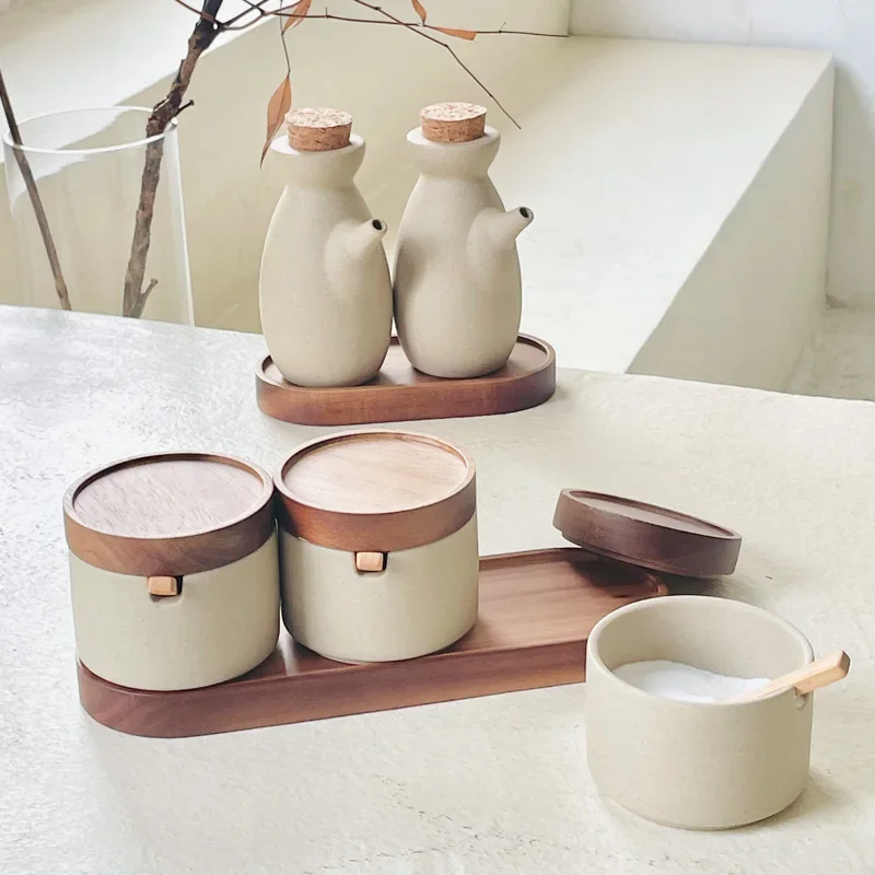Ceramic Storage Jar Vintage Ceramic Seasoning Jar Japanese Style Home Kitchen Salt Chili Sugar Jar Oil Pot Wooden Lid Spice Kitchen Utensils Modern