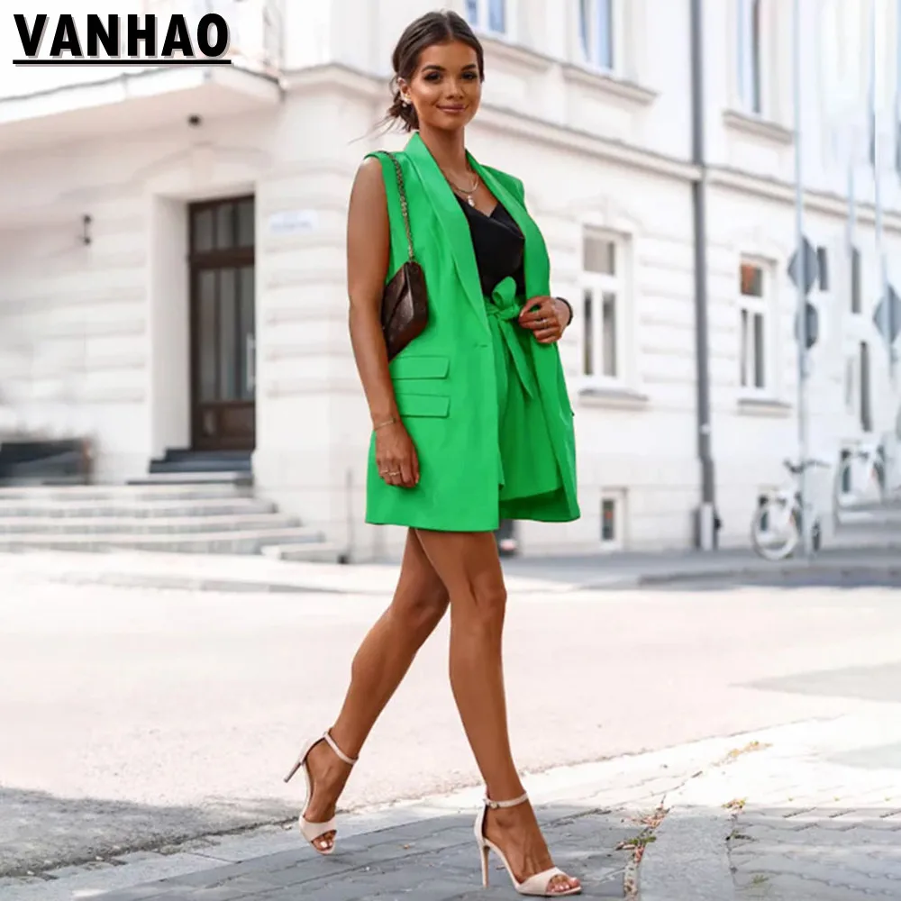

Летние модные блейзеры без рукавов с лацканами VANHAO, короткие комплекты, повседневные однотонные комплекты из 2 предметов, женская одежда, оптовая продажа, Прямая поставка