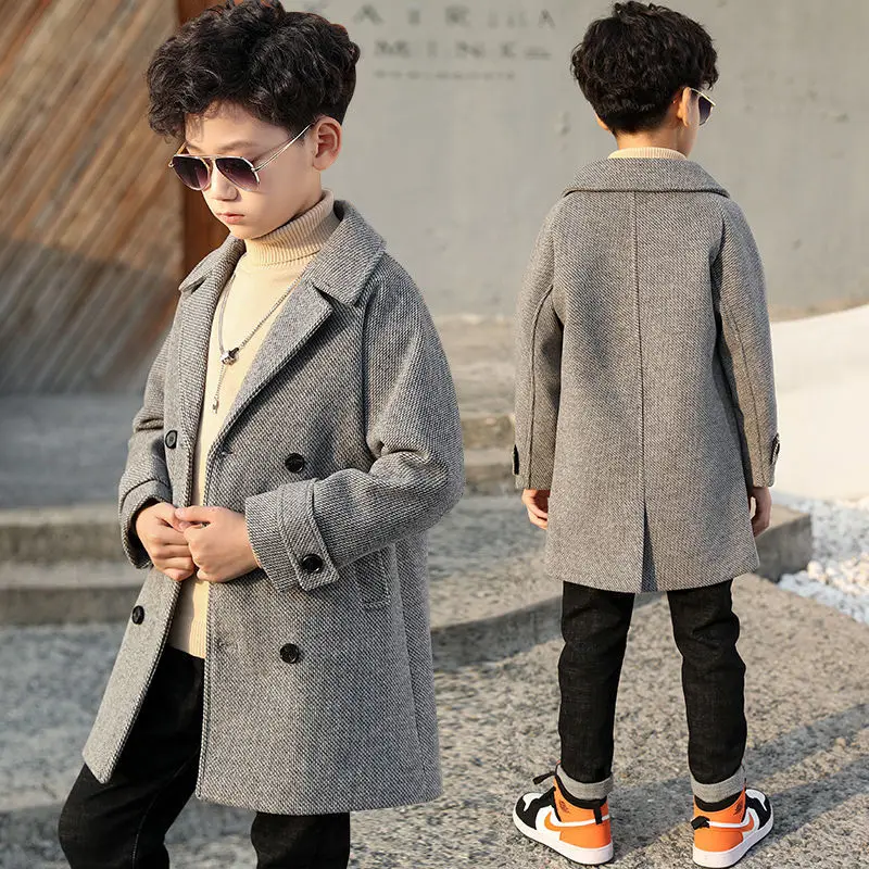 5-15y Kids Wool Coats Winter Boys Blends Jackets Turn-down Collar Long Solid Add Wool Warm Children Outerwear Top Clothes H89