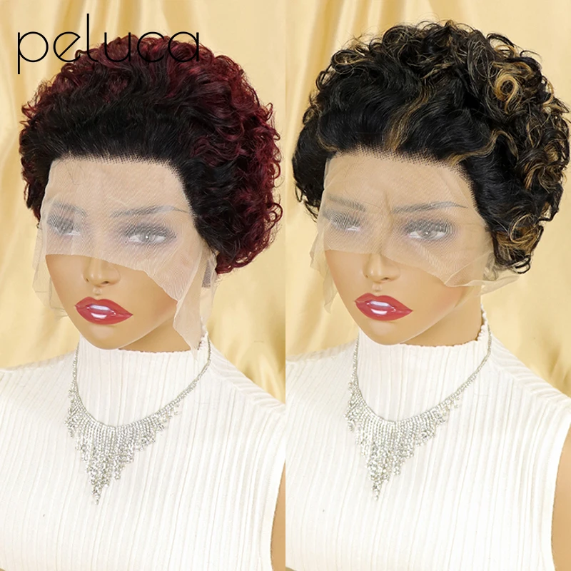 

Pixie Cut Wig Short Bob Curly Human Hair Wigs Cheap 13X1 Transparent Lace 99J Burgundy Water Deep Wave Lace Front Wig For Women