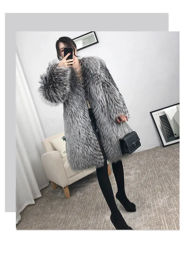 Down Coats Winter 2021 New High Quality Luxury Imitation Fox Fur Coat Women Mid Length Faux Mink Over Knee Fur Coat Ladies Coat long duvet coat