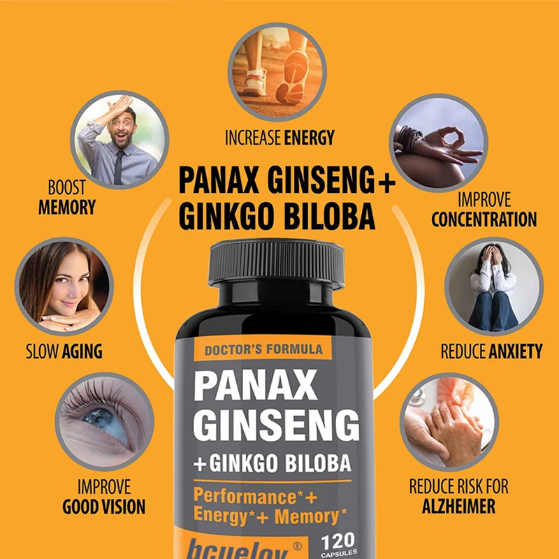 Ginseng + Ginkgo Biloba Extract Capsules Help Improve Energy Vitality Anti-aging Memory Brain Vision Health ginseng supplement,ginkgo biloba supplement