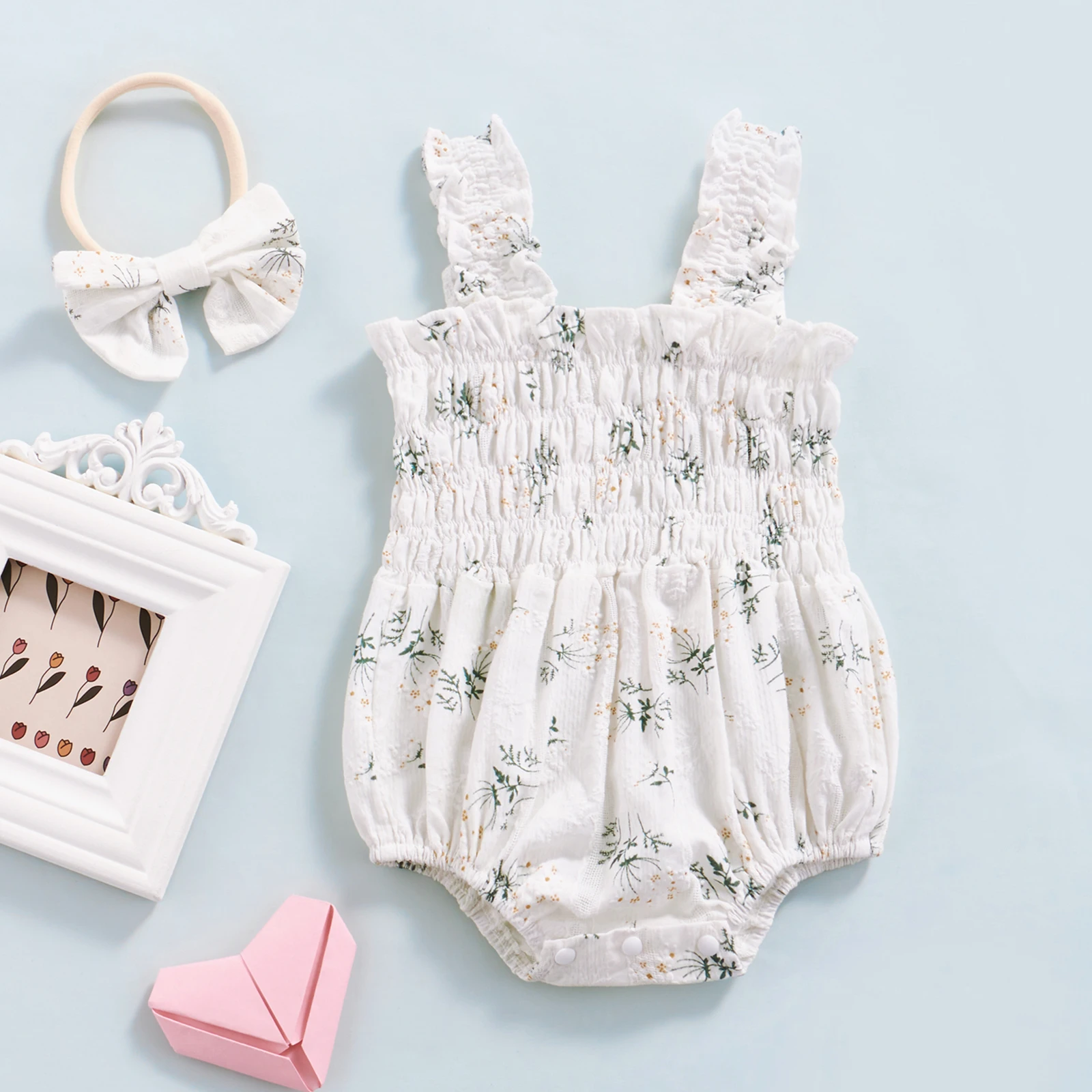 vintage Baby Bodysuits Newborn Baby Girl Ruffles Rompers Floral Sleeveless Jumpsuit Shoulder Straps Playuits + Bow Headband 2Pcs Pleated Casual Clothes Baby Bodysuits made from viscose 