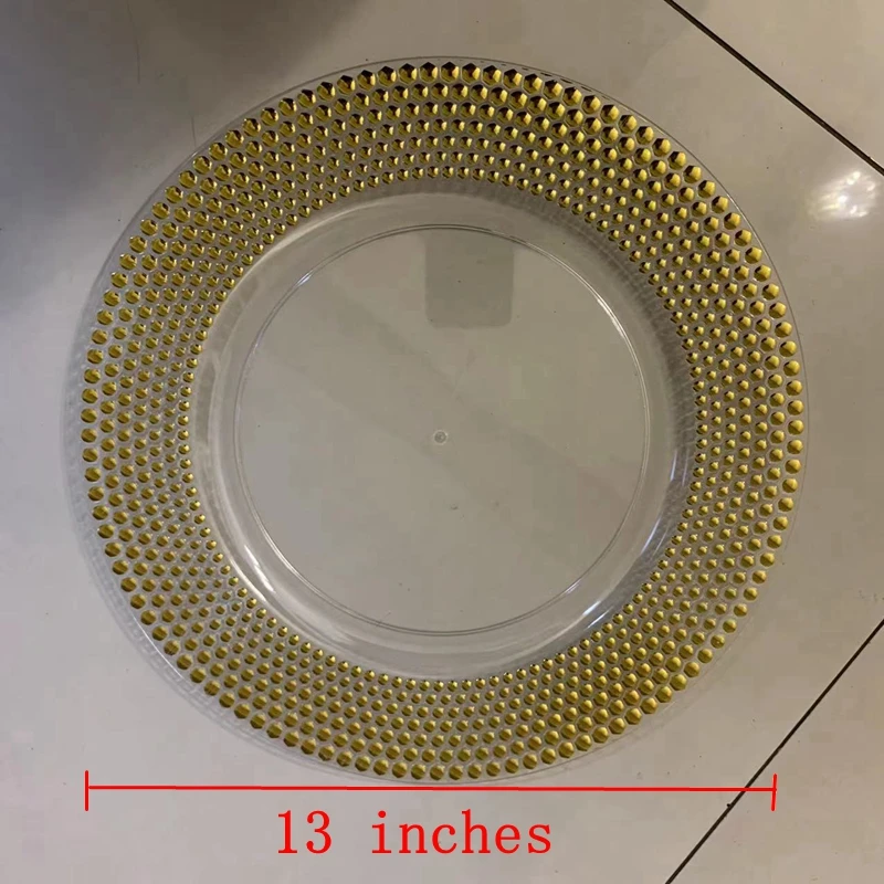 Gold Plastic Beaded Charger Plates, Elegant Pearl Dish, Decorative Salad, Wedding Plates, , 100Pcs, Lot, 13 Inch