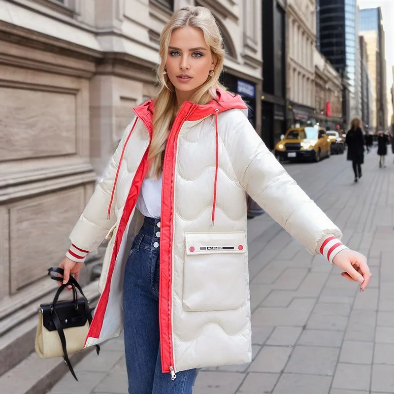 

Thick Warm Hooded Puffer Jacket Women Winter Windproof Coat Mid-length Parka Pocket Long Sleeve Slim Korean Cotton-padded Jacket