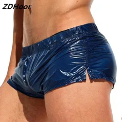 Mens Low Rise Sides Slit Shorts Solid Color Slim Fit Glossy Trunks for Vacation Beach Pool Party Nightclub