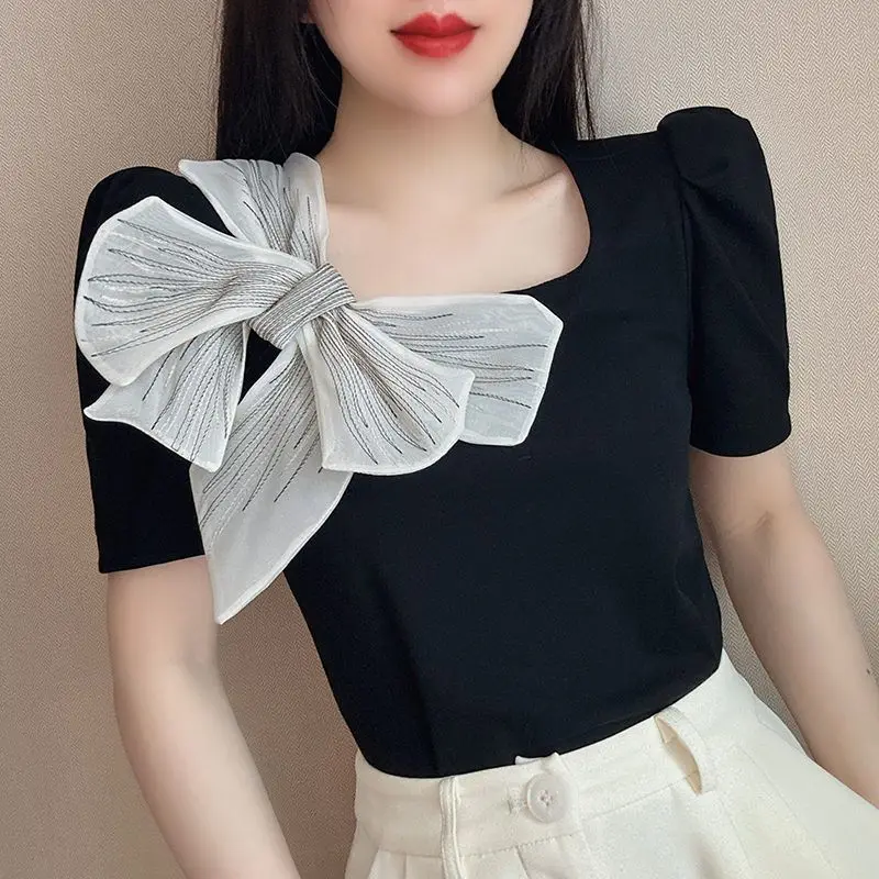 

Fashion Square Collar Spliced Puff Sleeve Bow Blouses Women Clothing 2024 Summer New Loose Sweet Short Sleeve Tops Korean Shirts