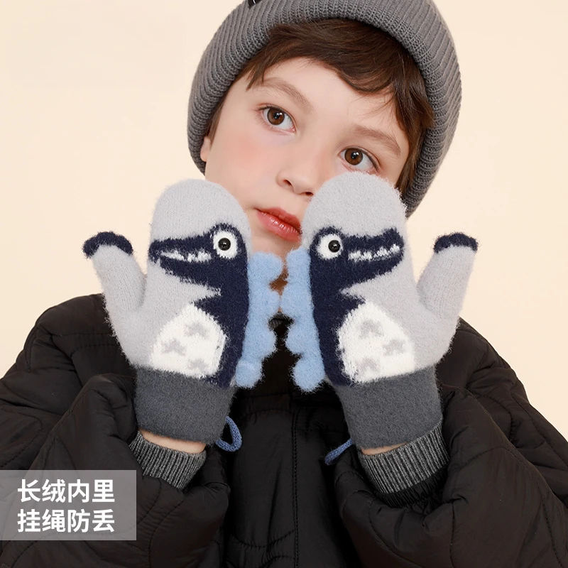 Winter children's gloves outdoor windproof thickened plush lanyard cartoon primary school gloves warm DRST37