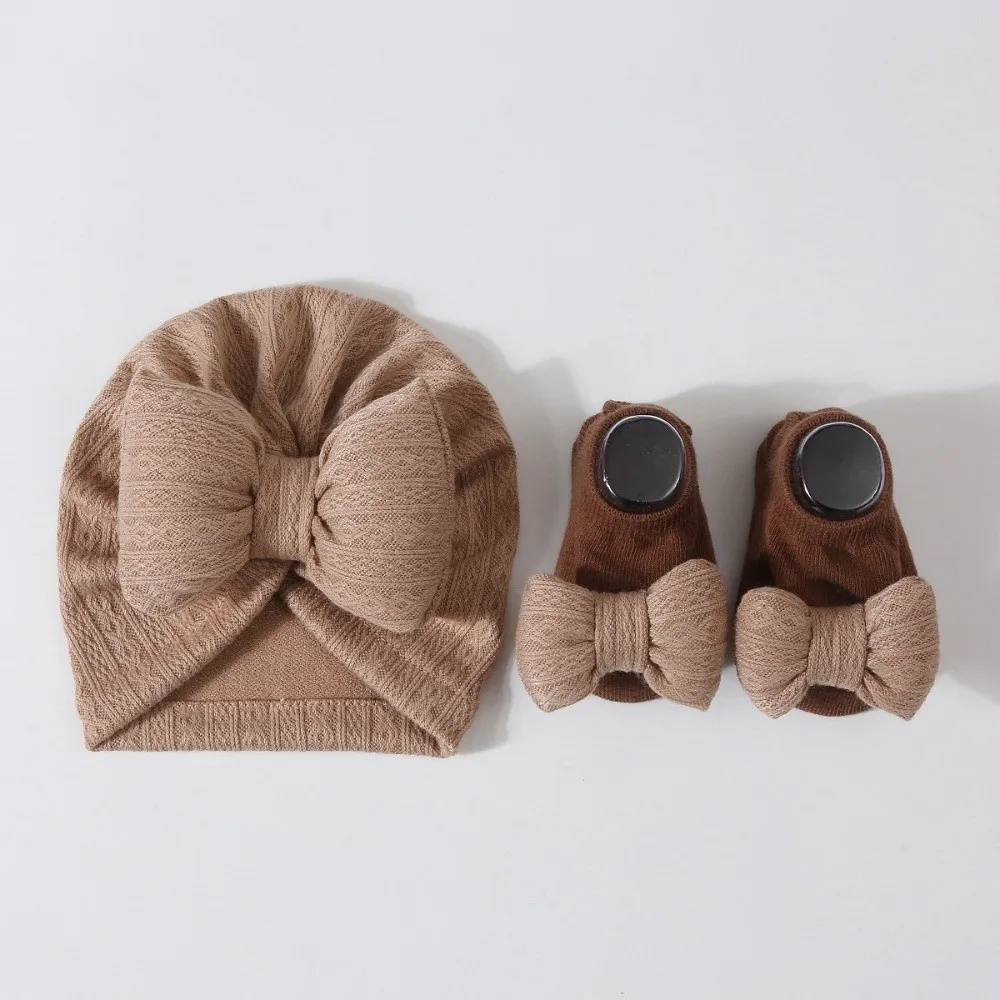3Pcs/Set Headwear Bow Baby Hat Socks Set 0-12 Months Solid Color Baby Fetal Cap Elastic Windproof Newborn Turban Hat Toddler