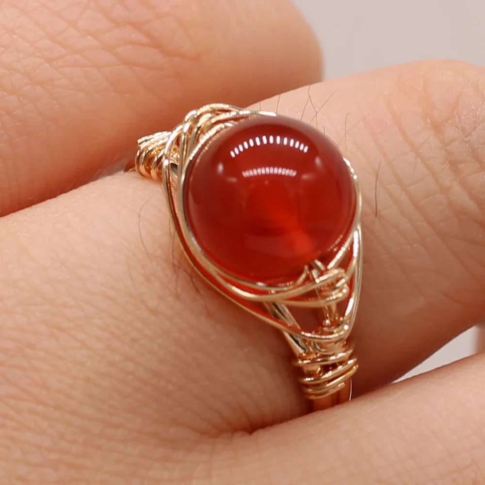 Natural Gems Stone Fashion Wire Wrapped Rings Reiki Healing Amethyst Agate Jade Tiger Eye Stone Resizable Ring Wedding Jewelry - 3