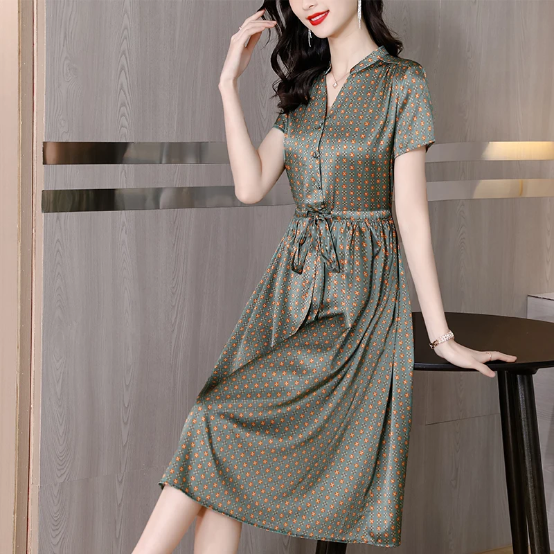 

2023 New Print Natural Silk Satin Midi Dress Women Fashion Short Sleeve V-Neck Summer Korean Elegant Bodycon Office Lady Dress