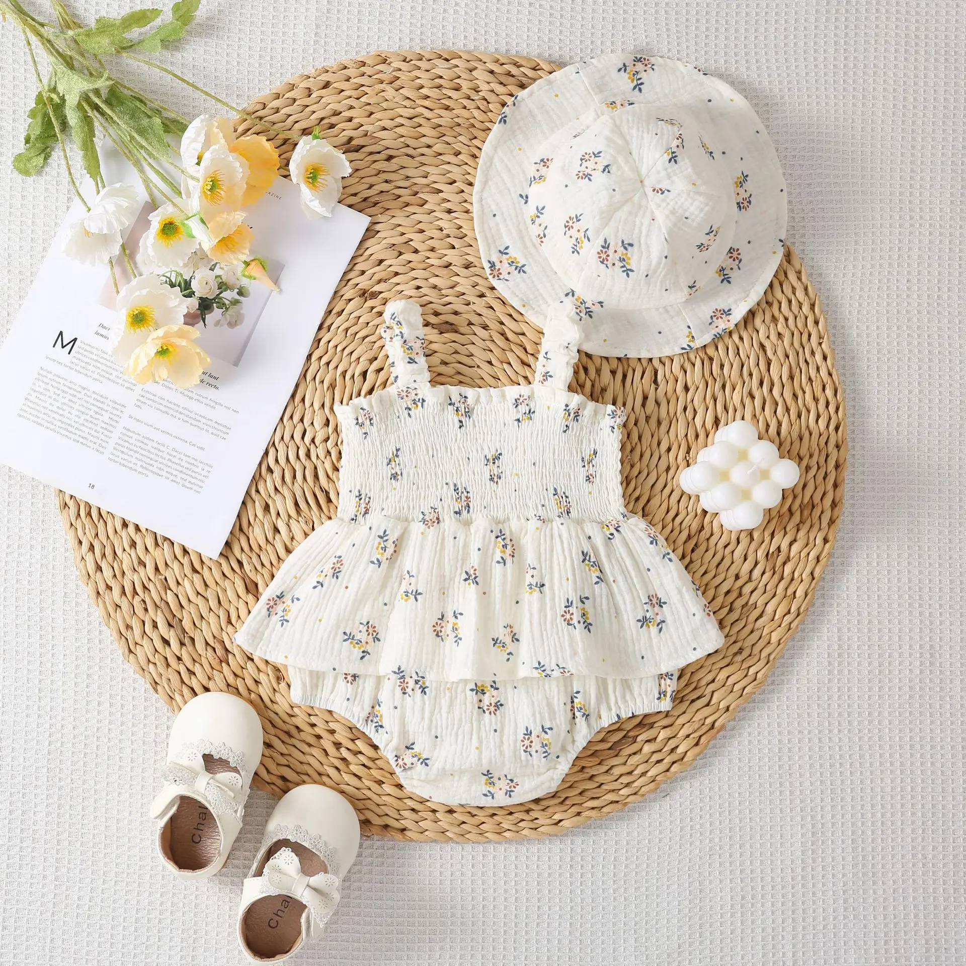 Floral Baby Girls Bodysuit Outfit with Skirt and Hat