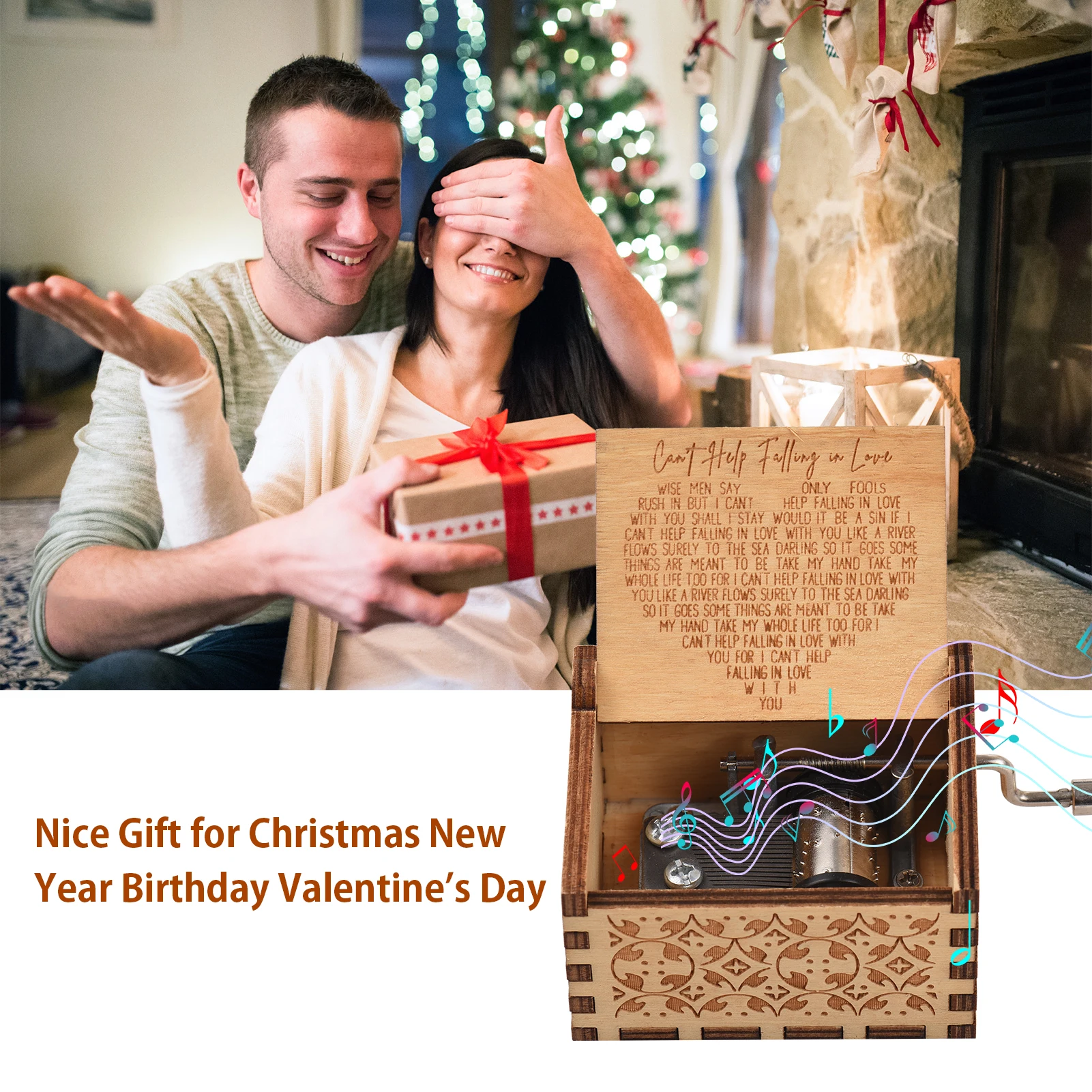 

Palm-size Hand Crank Wood Case Musicbox with Melody Can't Help Falling in Love for Valentine's Day Christmas Birthday Gift