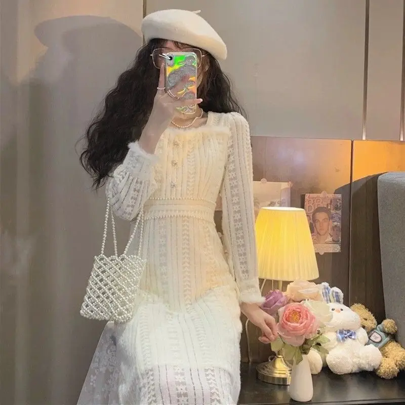 Sweet Milk Dress with Gentle Lace Lining Long Skirt for Women with Artistic Sense Unique Dress