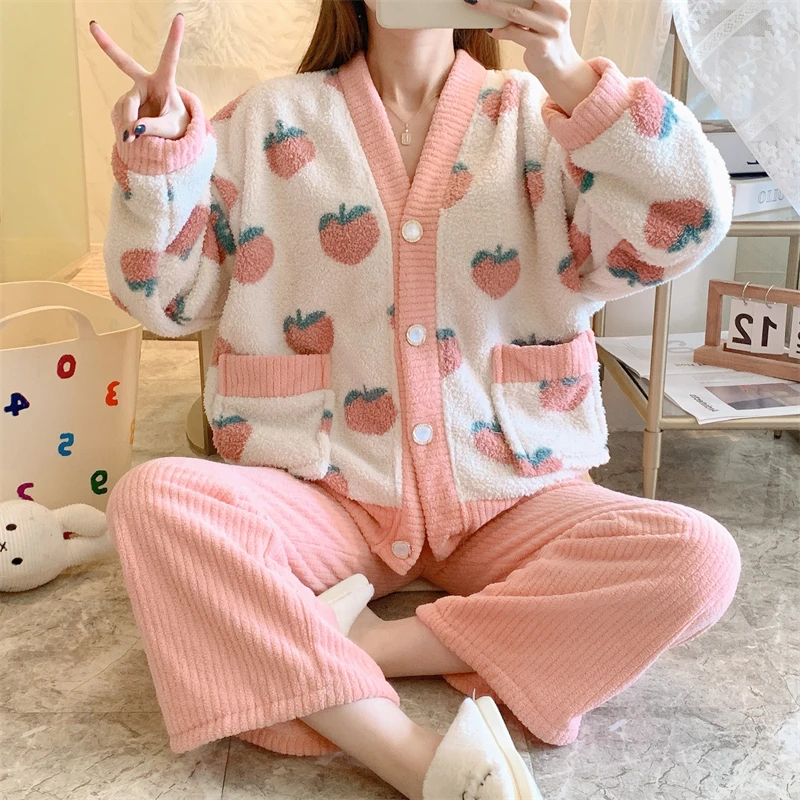 

Autumn Winter Coral Fleece Pajamas Thickened And Velvet Cute Printed Jacket Pants Two-Piece Set Home Clothes 21 Colors Women's