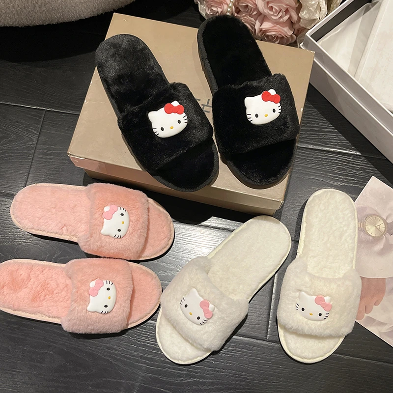 

2023 Kawaii Sanrio Plush Slippers Hello Kittys Cartoon Anime Cotton Slippers Autumn and Winter Anti Slip Warm Shoes Gift Girls