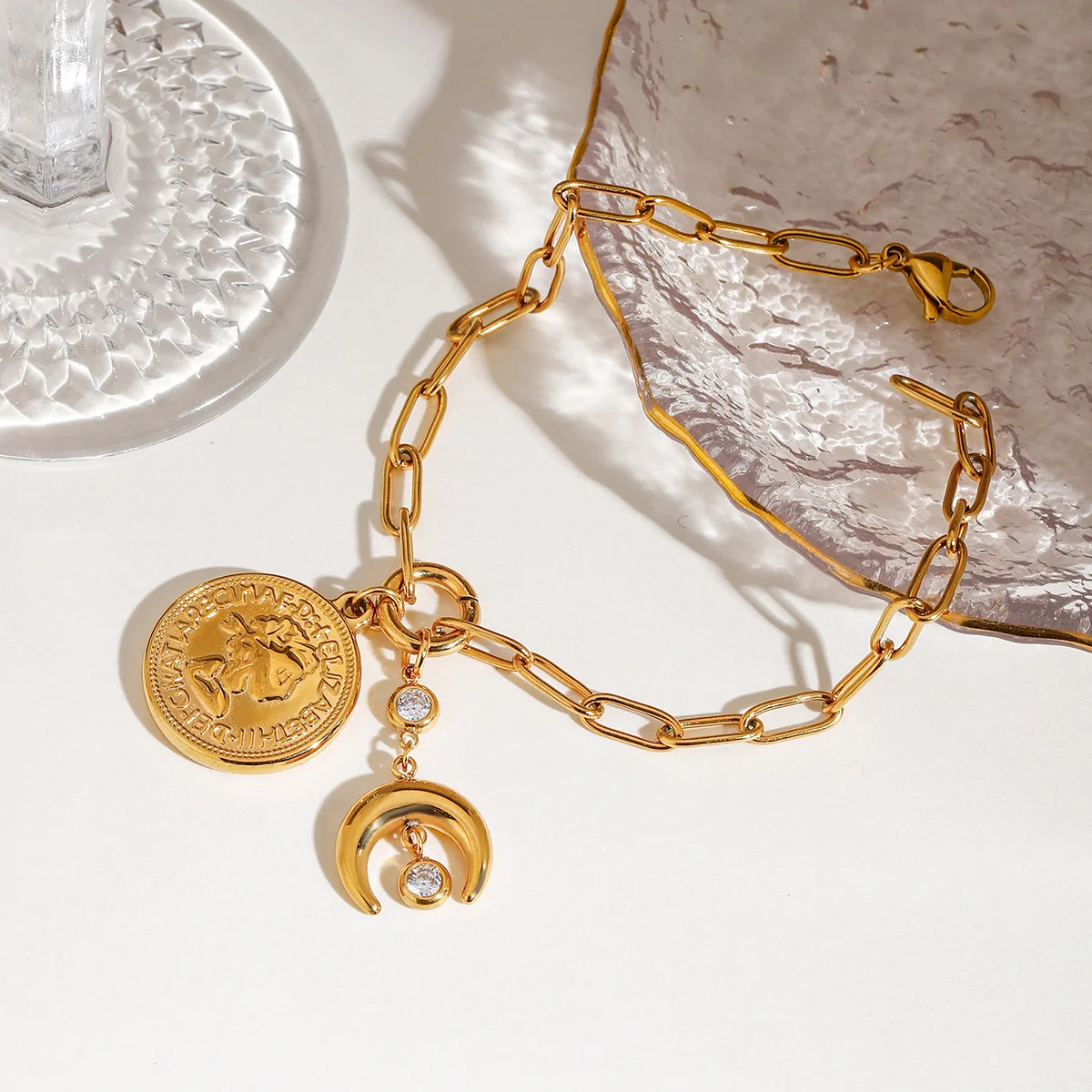 Punk Stainless Steel Stackable Circular Moon Bracelet Pendant  Bracelet Pearl Zircon Chain Bangle Women's Jewelry Gift for Her