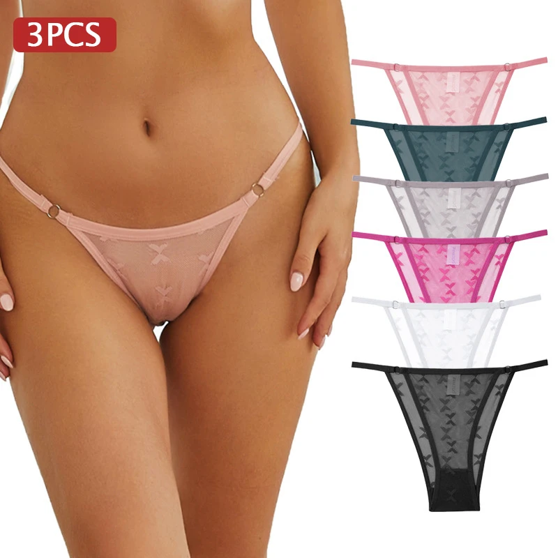 

3PCS Mesh Transparent Panties Women G-String Sexy Seamless Briefs Underwear Low Waist Lace Underpants Female Intimates