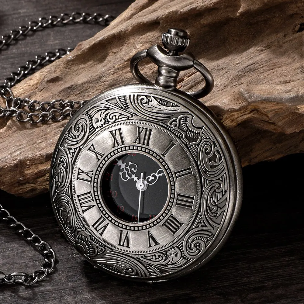 Quartz Watch Roman Numerals Pocket Watch Men Women Hollow Case Steampunk Vintage Pendant Necklace