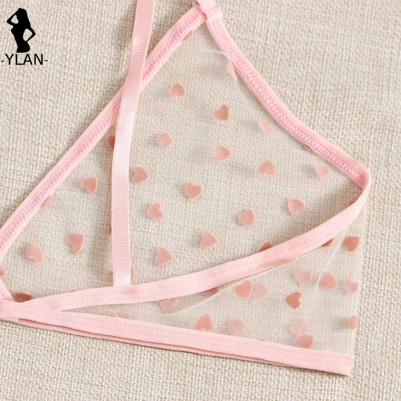 섹시한 여성 브라 및 팬티 세트, 섹시한 란제리, 핑크 메쉬, 시스루, 에로틱 란제리, 러브 프린팅