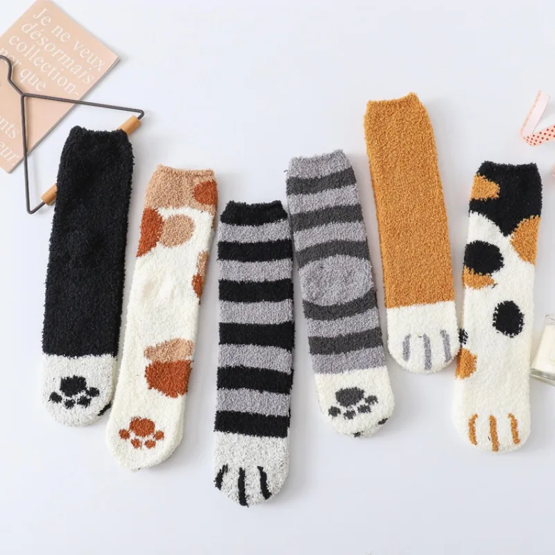 

Coral Velvet Socks Cartoon Cat Paw Socks Thicken Fleece Socks Sleeping Stockings Winter Warm Hosiery Comfortable Middle Tube