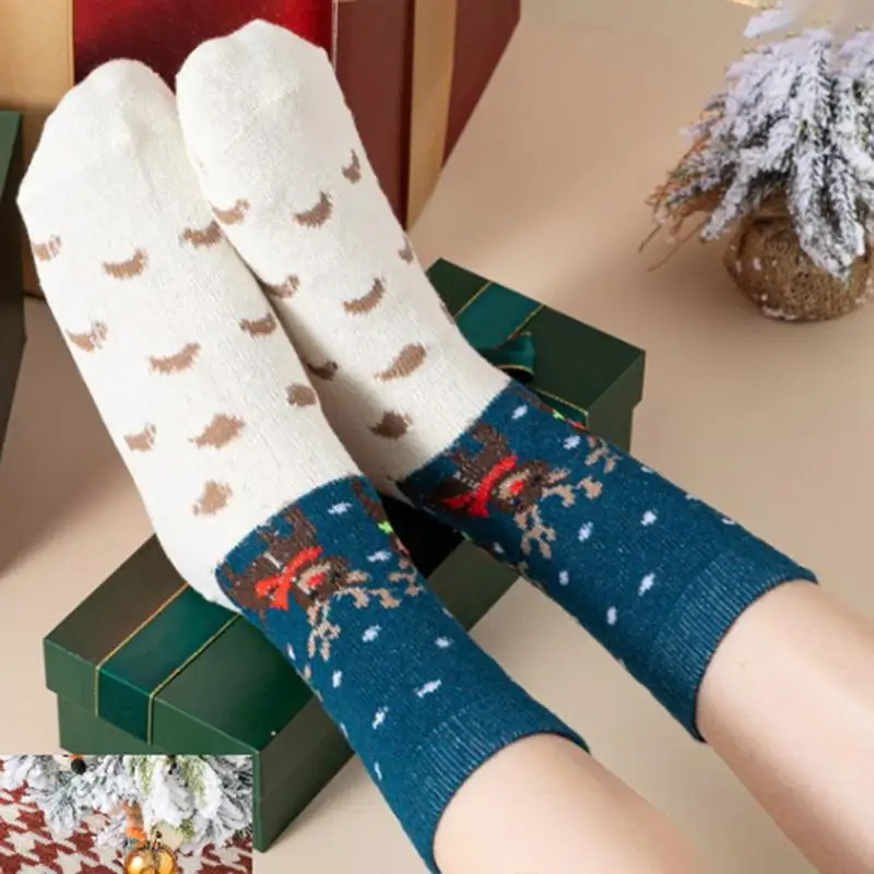 Christmas Socks 5Pairs Wool Mid-tube with Santa Reindeer Pattern Women's Gift Box