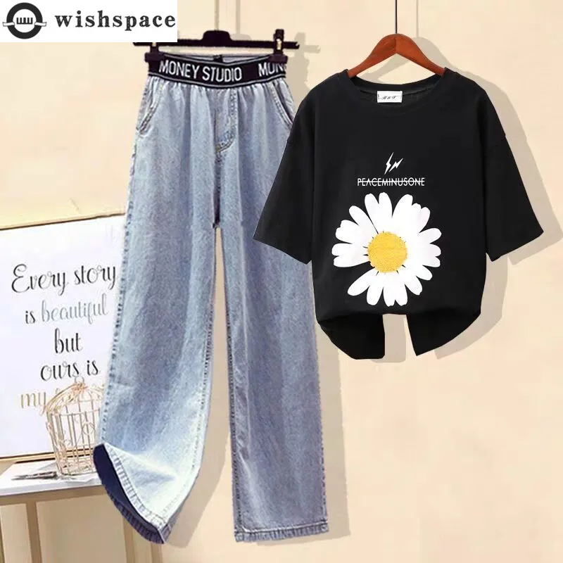 Fashion Set Women's 2023 Spring/Summer New Little Daisy Short Sleeve T-shirt Elastic Waist Denim Wide Leg Pants Two Piece Set protective cover sheath cable sleeve welding tig torch hydraulic hose wrap welding gun denim silicone fireproof leather cover