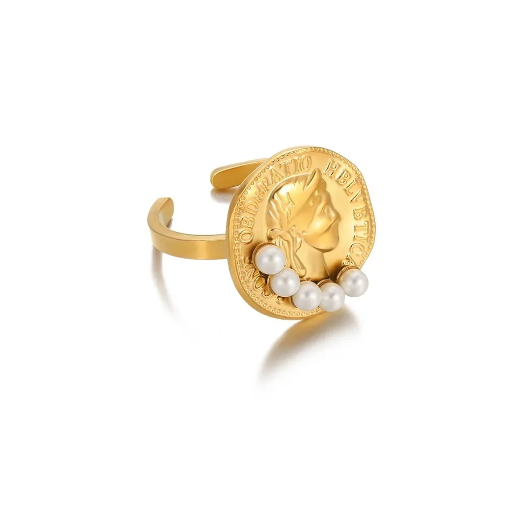 Vintage Virgin Mary Open Ring Women Stainless Steel Gold Pearl