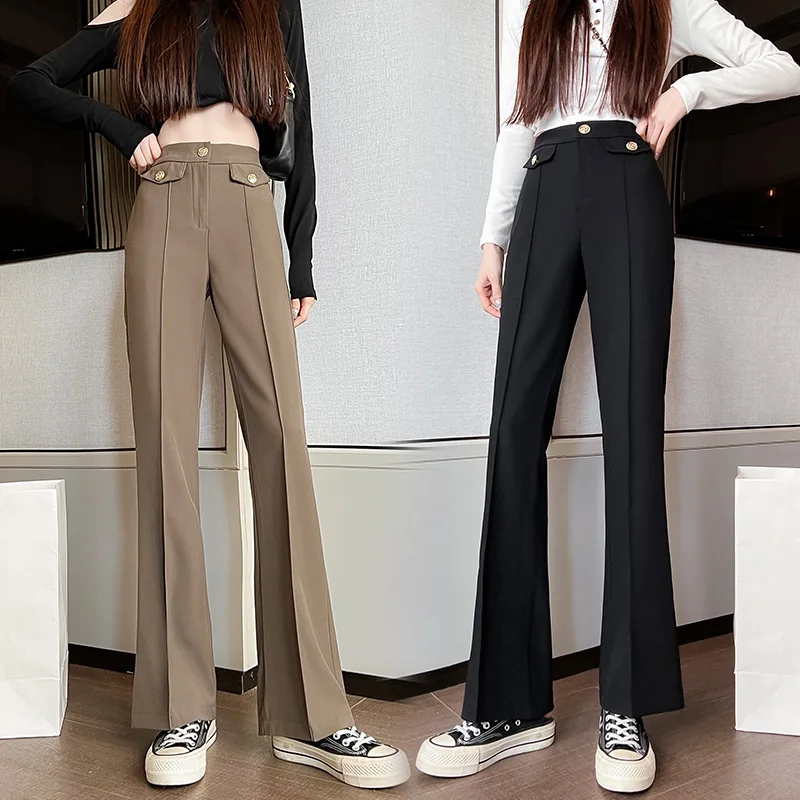 

Summer Women's Pants Solid Color Korean Fashion Leisure Button High Waist Micro Horn Pocket Loose Female Clothing
