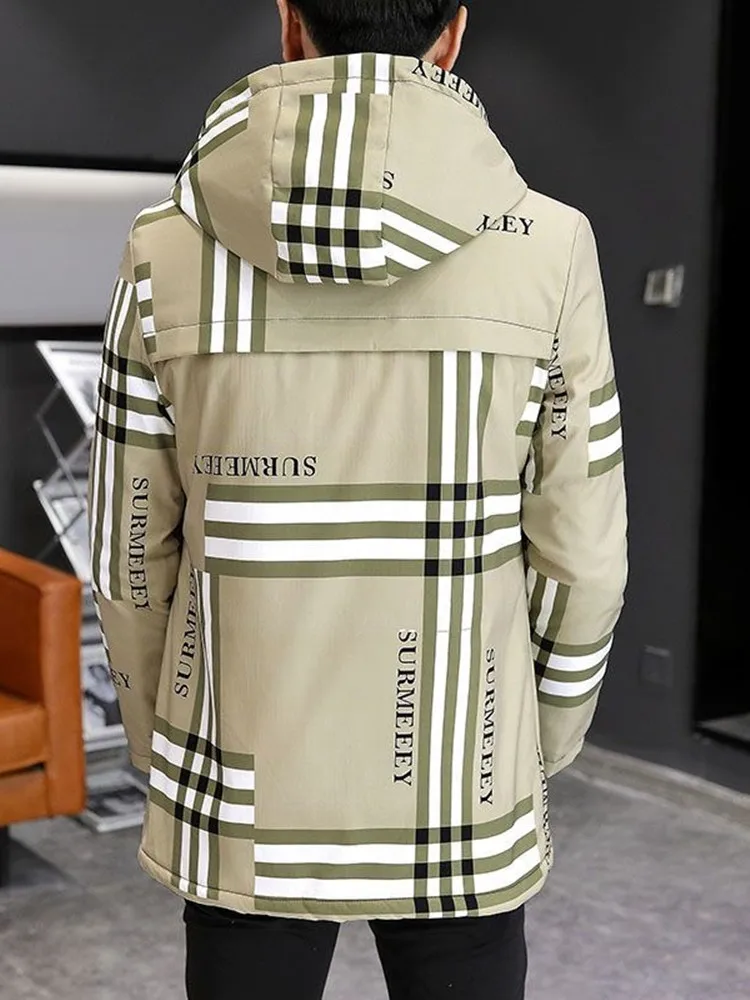 Spring and Autumn New Fashion Checkered Long Hooded Trench Coat Men's Casual Loose Comfortable Windproof Large Size Coat