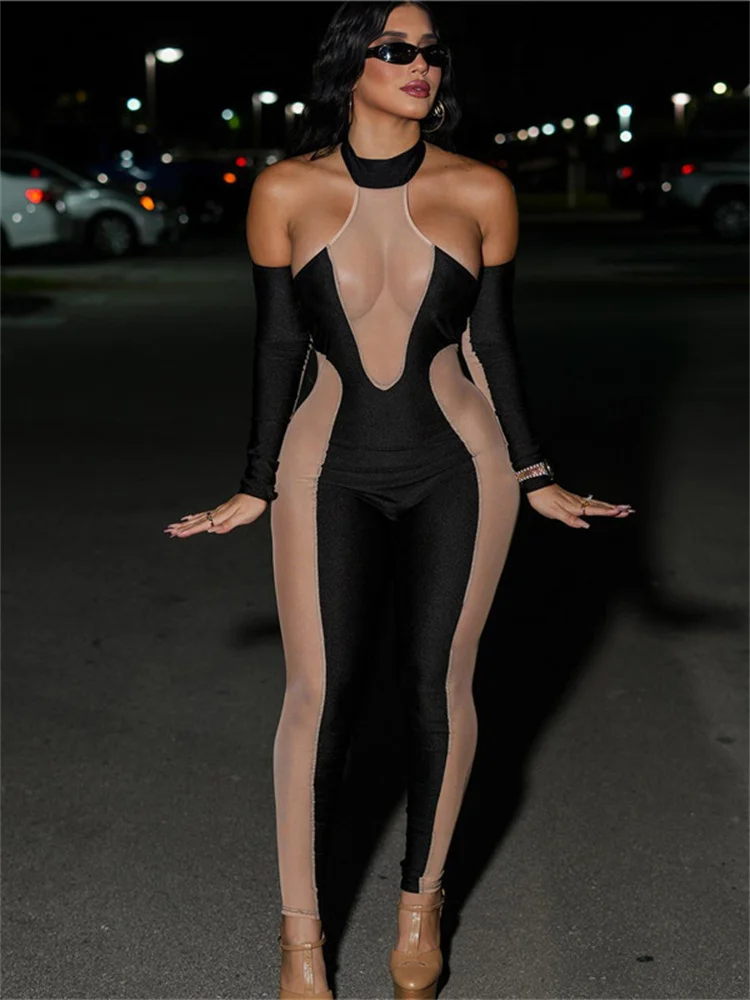 

WJFZQM Sexy See Through Backless Sheath Outfit Matching Long Sleeve Lady Clubwear Overall Halter Mesh Patchwork Jumpsuits Women