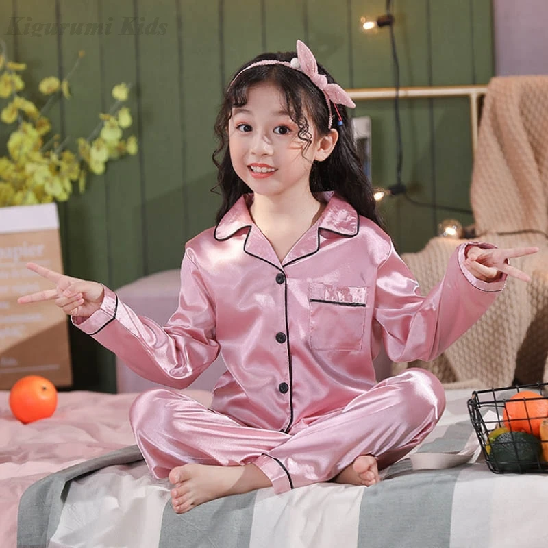 3 6 9 12 14 Years Girl'S Satin Pajamas Kids Silk Pajama Sets For Girls  Sleepwear Top Pants Suit Pink Long/Short Children Pyjamas