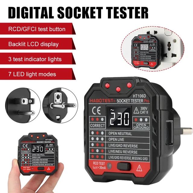 Digitális Aljzat Tesztelő Intelligens Feszültségdetektor Rcd Gfci Ncv Teszt Nagy Lcd Kijelző Föld Nulla Vonalú Polaritás Fázis Ellenőrzése - Image 4