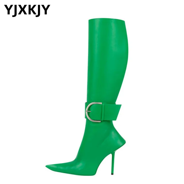 YJXKJY металлические сапоги с острым носком фиолетовые зеленые женские кожаные сапоги до колена на шпильке с металлической пряжкой 2022 новая дизайнерская обувь 1