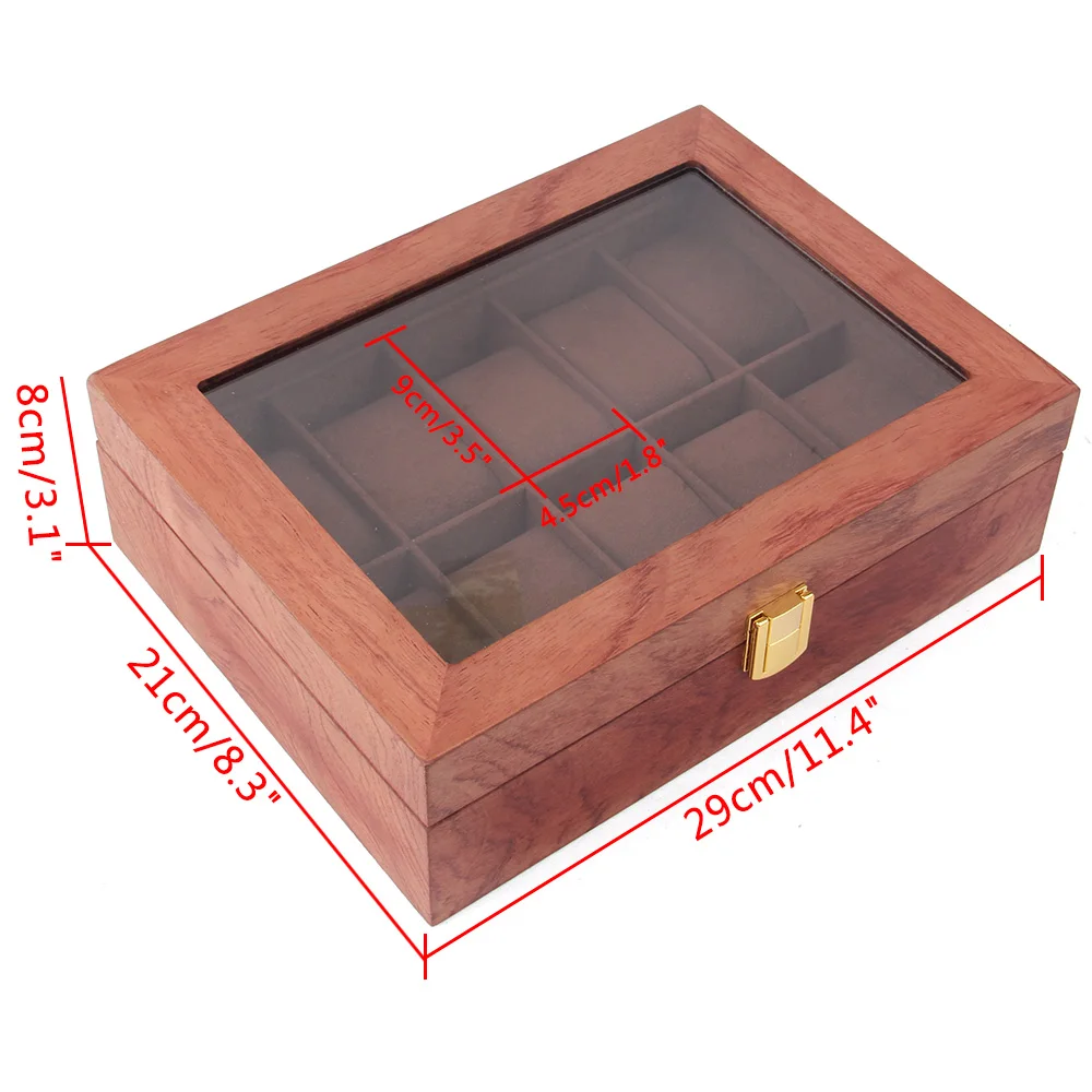Uhrenbox aus Holz mit 10 Fächern, Vintage-Display, Schmuckaufbewahrung, Organizer mit Glasdeckel, Uhrengehäuse für Männer und Frauen, Weihnachtsgeschenk – Detail 1