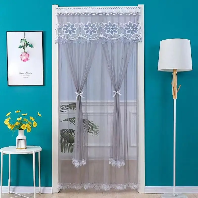 Lace Embroidered Door Curtain, Punch-free Mosquito Screen Curtain, Breathable Bedroom Partition Curtain, Double Layer