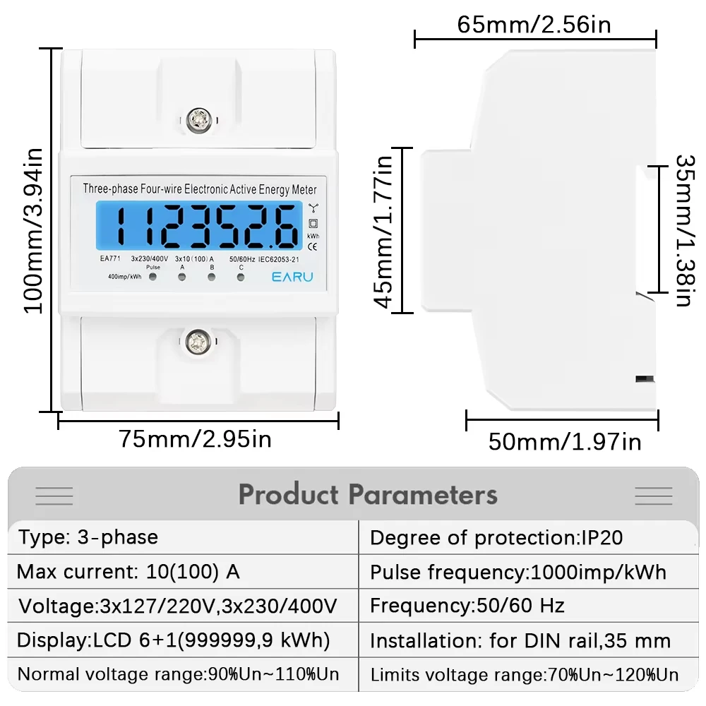 Din Rail 380V 3 Phase 4 Wire Energy Meter Power Consumption Monitor kWh Meter Wa