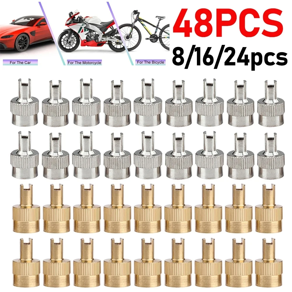 8-48pcs 코어 리무버 도구가있는 구리 금속 슬롯 형 헤드 밸브 스템 캡 자동차 오토바이 용 누출 방지 슬롯 형 헤드 스템 커버 