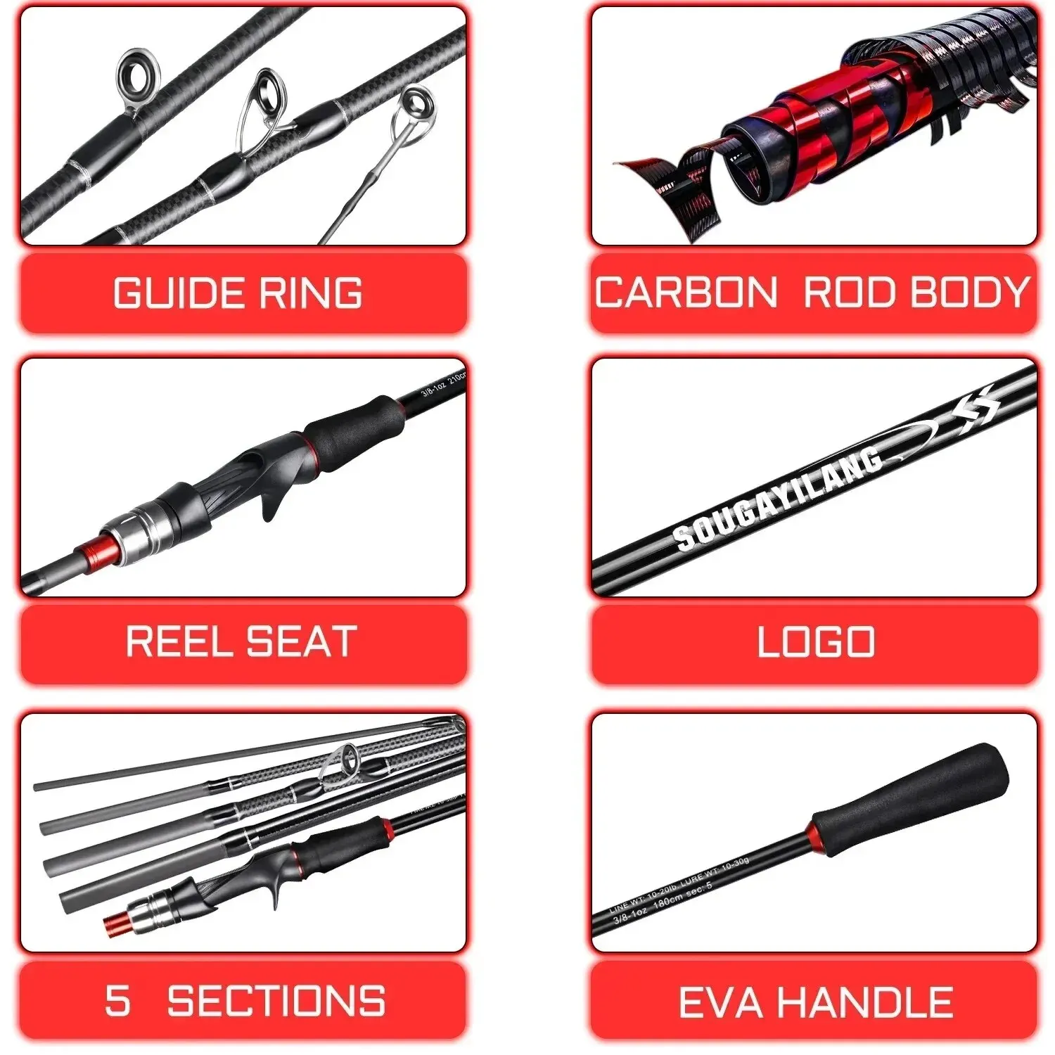 Sougayilang Casting Fishing Rod Reel Set 1.8/2.1m Carbon Fiber Casting Rod and Reel Max Drag 8kg with Line Lure for Bass Pike
