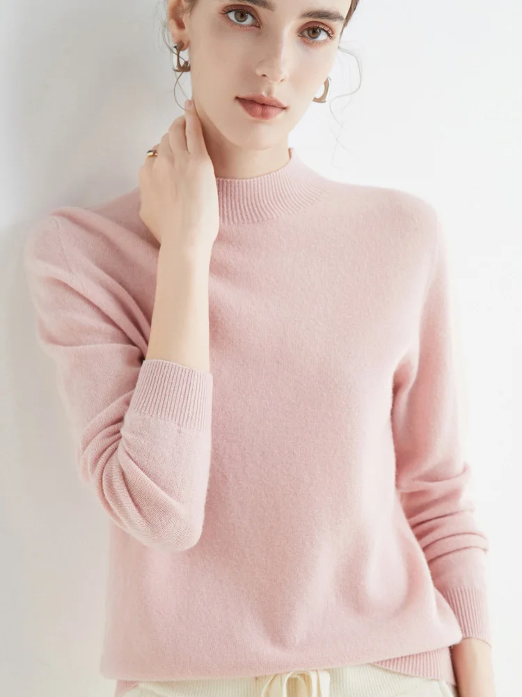 New Autumn Winter 100% Pure Merino Wool Pullover High Quality Sweater Mock-Neck Cashmere Knitwear Women Clothing Basic Top