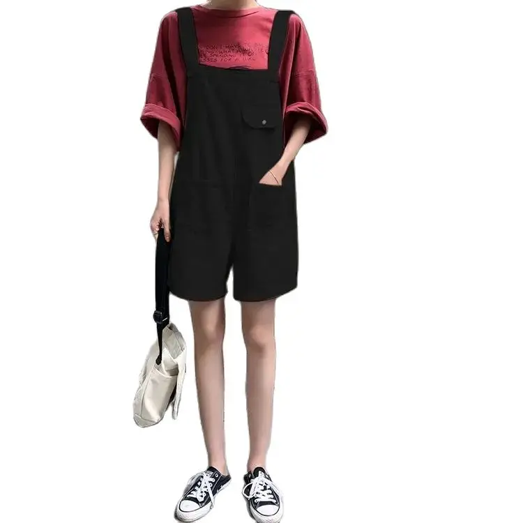 Braces Pants New Korean Version Of Denim Bib Female Summer Students Loose Plus Size Wide-Leg Pants Age-Reducing Siamese Shorts
