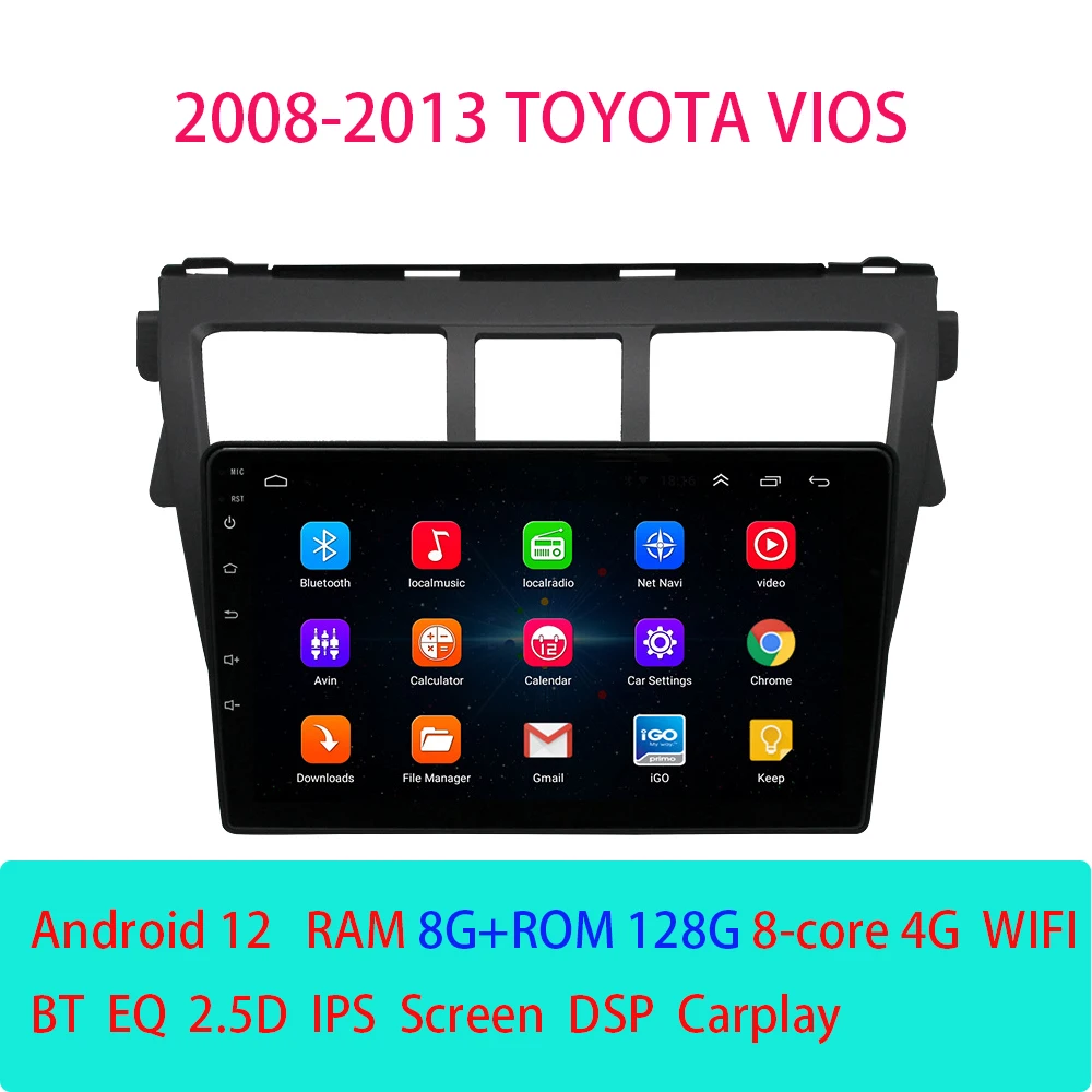 

Автомобильный радиоприемник на Android 12 для Toyota Vios 2008-2013, 4G, беспроводная стереосистема CarPlay, GPS-навигация, мультимедийный плеер, головное устройство