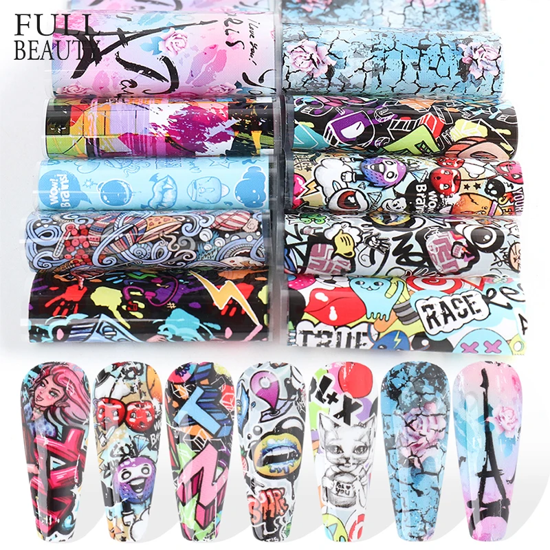 10pcs Colorful Scrawl Nail Stickers Nail Art Transfer Foil Cool Painting Flower Adhesive Wraps Decal Manicure Accessories nail stickers nail art decoration nail decals